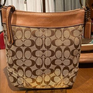 Coach Signature Crossbody Purse Shoulder Bag with Leather Trim Brown 10402